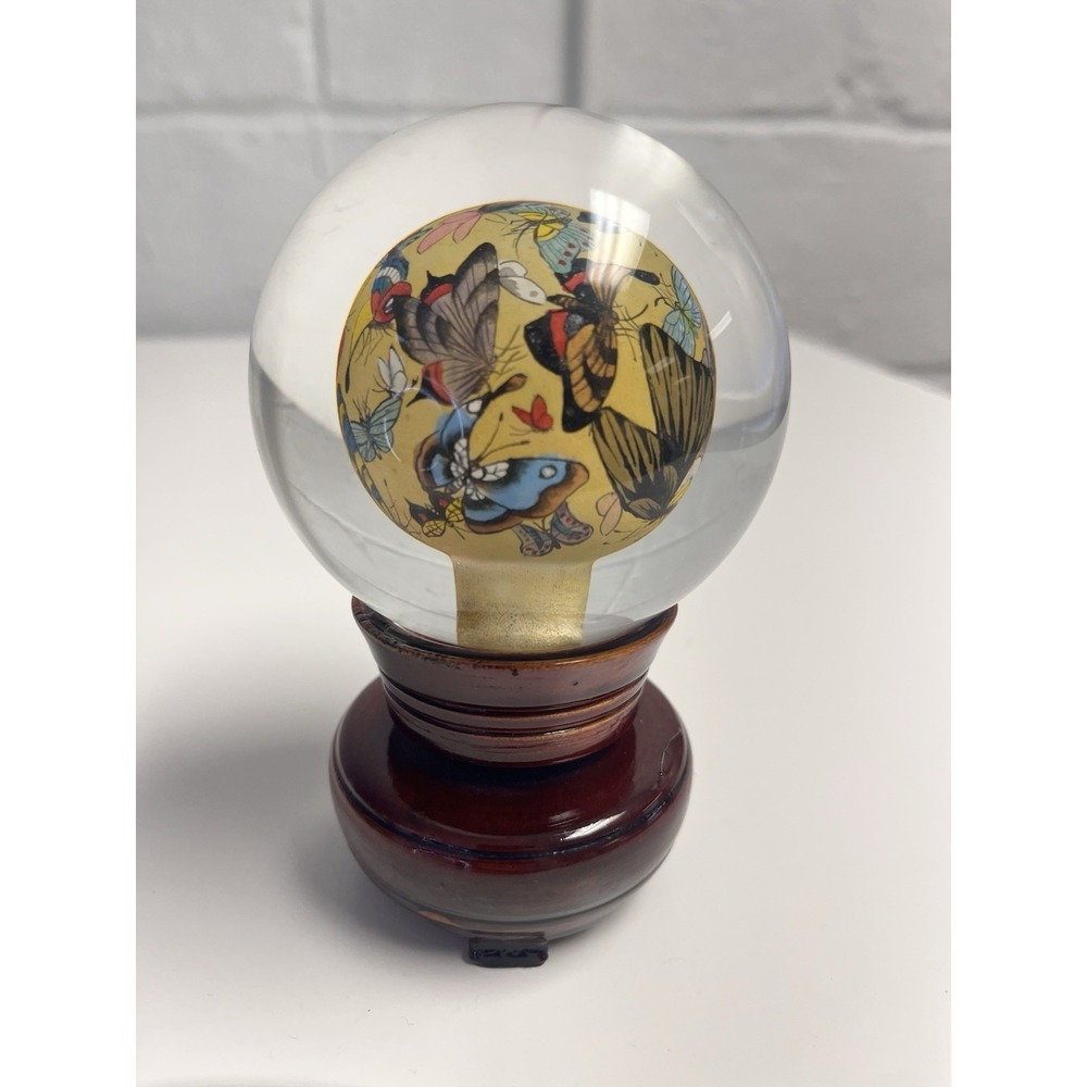Asian Glass Reverse Hand‎ Painted Globe Butterflies Chinese Rotating Wood Stand